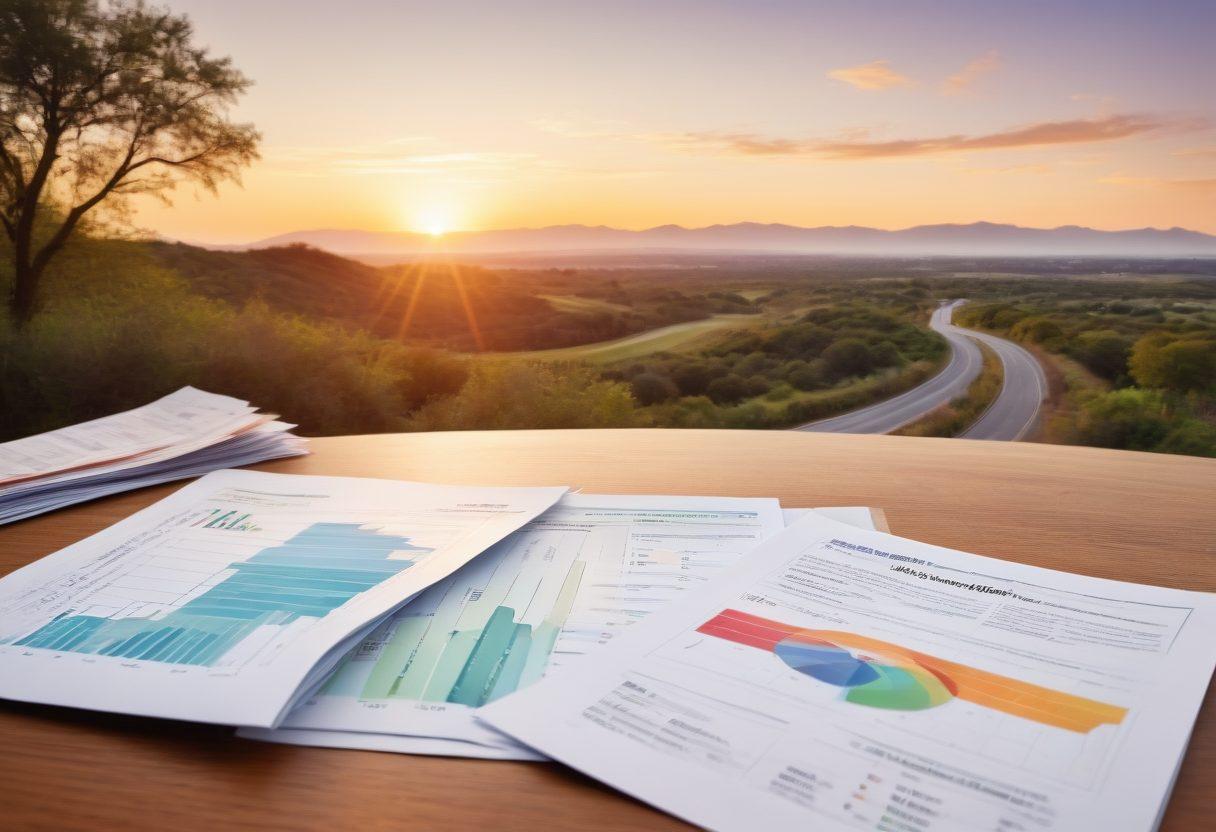 A person sitting at a desk cluttered with bills and paperwork, looking relieved while contemplating a bright future illustrated by a road leading to a vibrant sunrise. Scattered charts showing improving financial graphs surround them. Include a soft focus on supportive resources like brochures labeled 'Debt Relief Options'. pastel colors. soft focus. 3D.