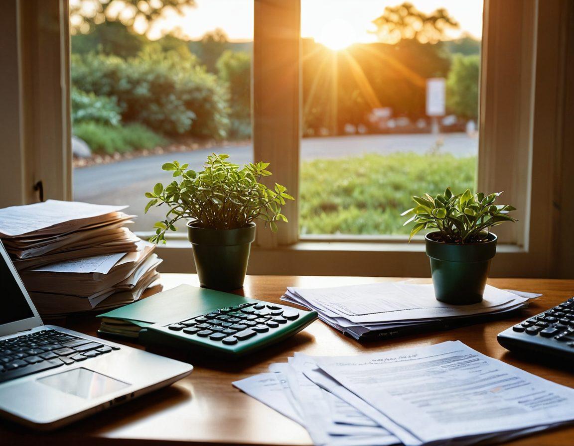 A thoughtful person sitting at a desk cluttered with financial documents, a calculator, and a laptop displaying a bankruptcy form. Soft light filters through a window, illuminating a stack of self-help books titled 'Financial Recovery' and 'Fresh Start.' In the background, a serene plant symbolizes growth and new beginnings. A visual metaphor of a winding road leading to a sunrise represents hope and opportunity. super-realistic. vibrant colors. warm tones.